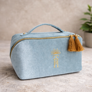 Sky Blue Velvet Tile Zipper Bag Zipped Up by Mahj Tile Haus